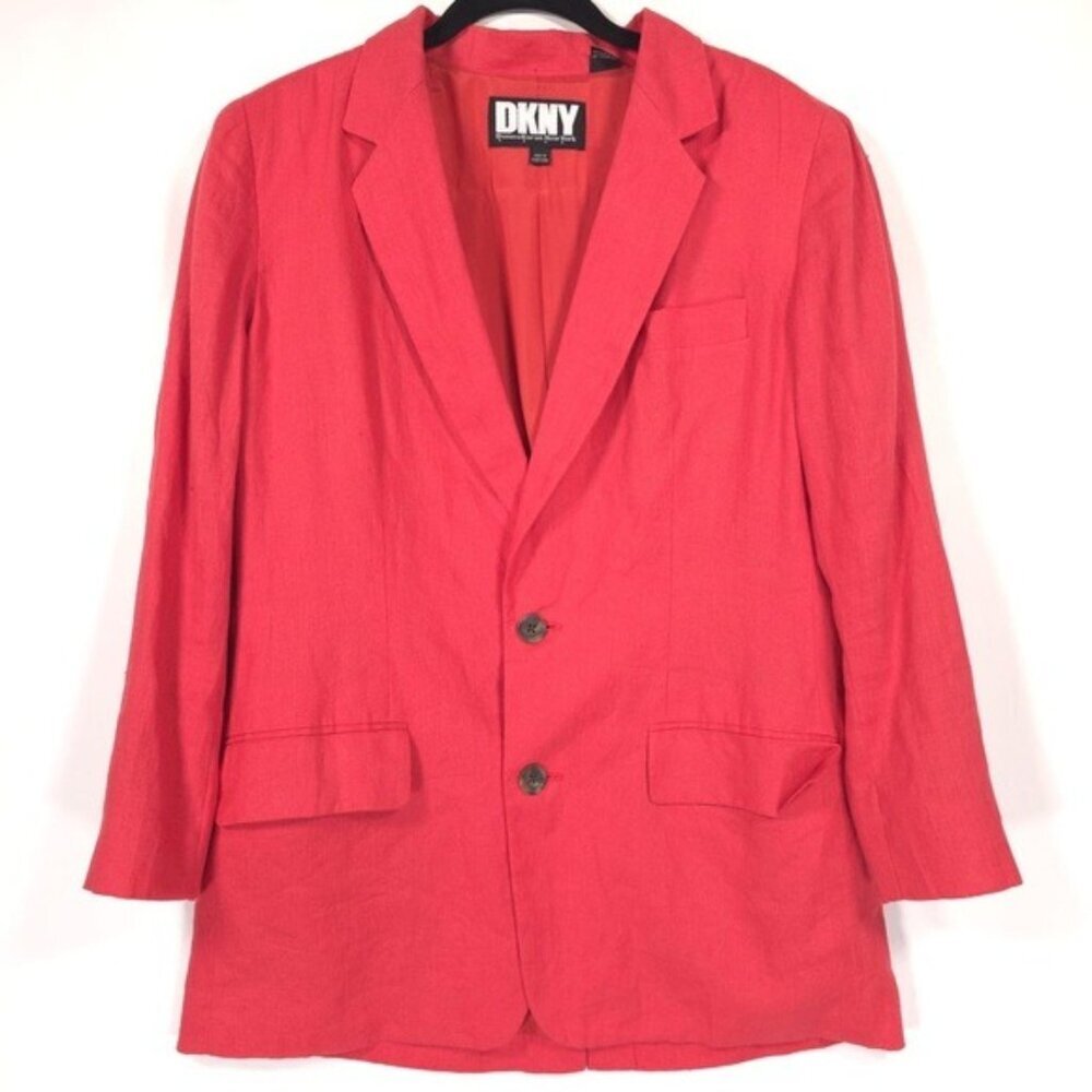 Donna Karan NEW YORK 100% LINEN HONG KONG🇭🇰MADE Blazer Women’s Size 10 Red VTG